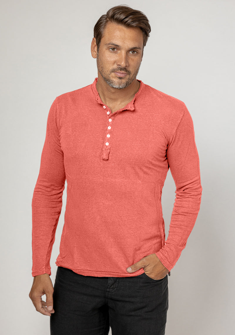 Jersey Linen Fitted Long Sleeve Henley T-Shirt