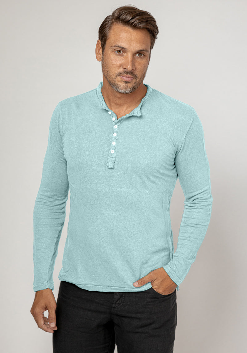 Jersey Linen Fitted Long Sleeve Henley T-Shirt in aqua