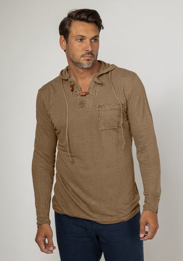 Jersey Linen Long Sleeve Hoodie With Pocket & Wooden Fasteners in khaki