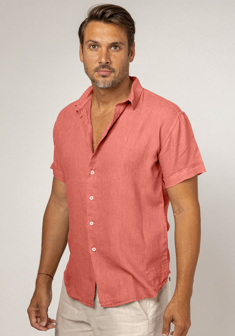 Short Sleeve Button Down Linen Shirt Regular Fit in coral