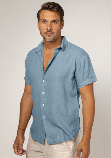Short Sleeve Button Down Linen Shirt Regular Fit in denim