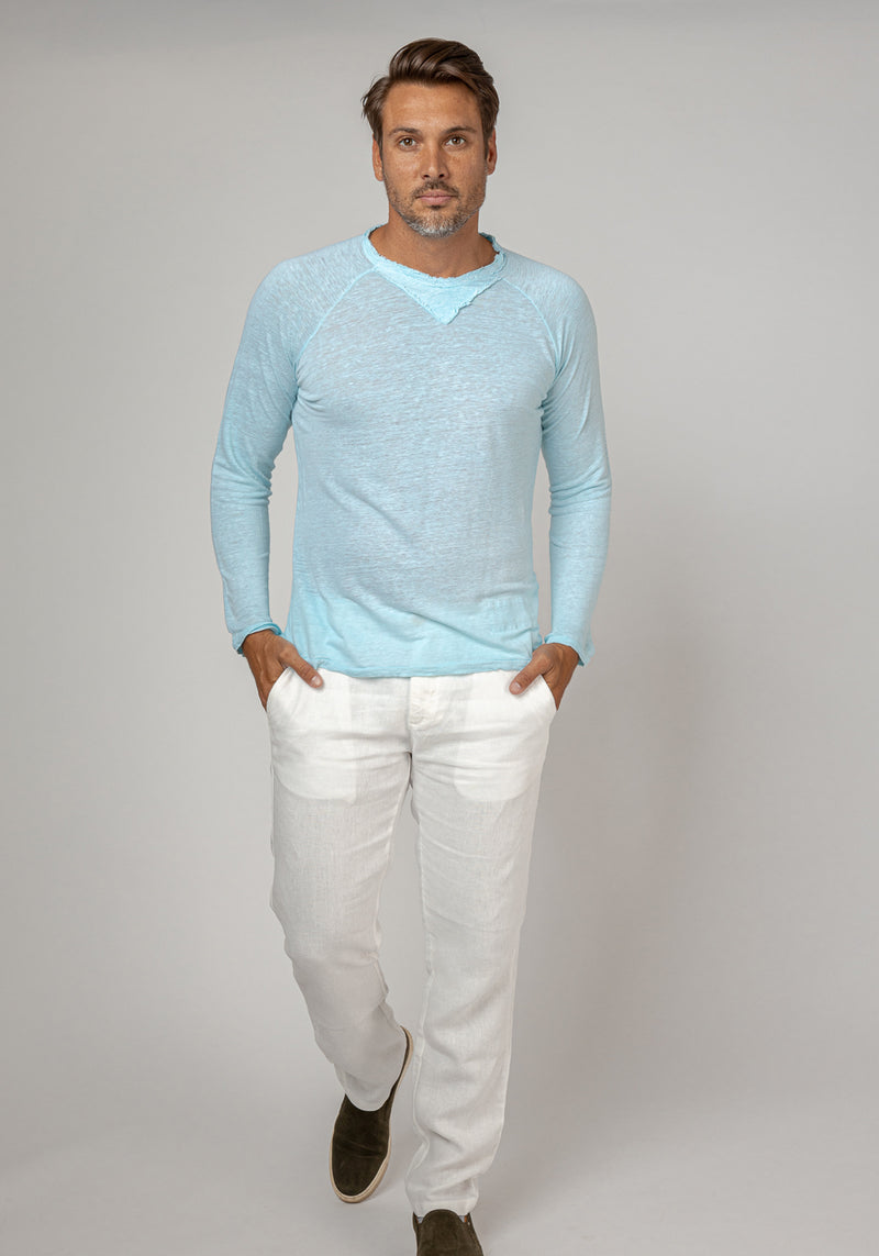 Jersey Linen Long Sleeve Niki Collar T-Shirt in aqua