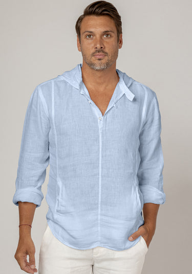 Long Sleeve V-Neck Linen Hoodie Shirt in light blue