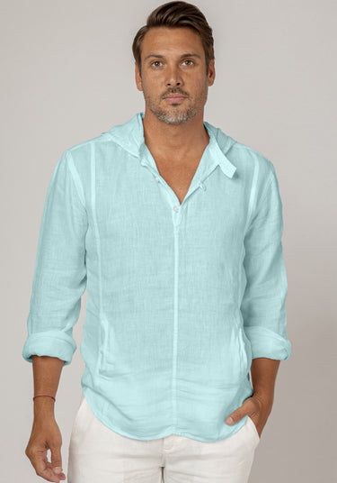 Long Sleeve V-Neck Linen Hoodie Shirt in aqua