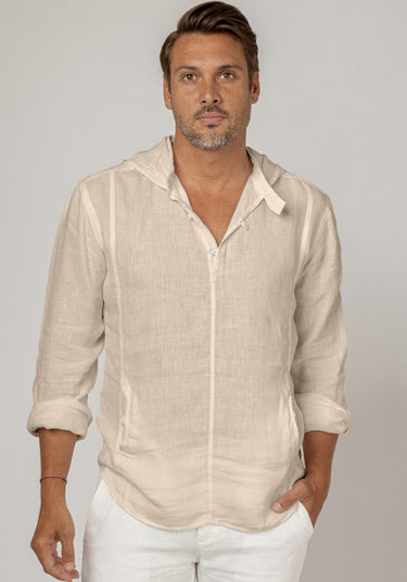 Long Sleeve V-Neck Linen Hoodie Shirt in natural