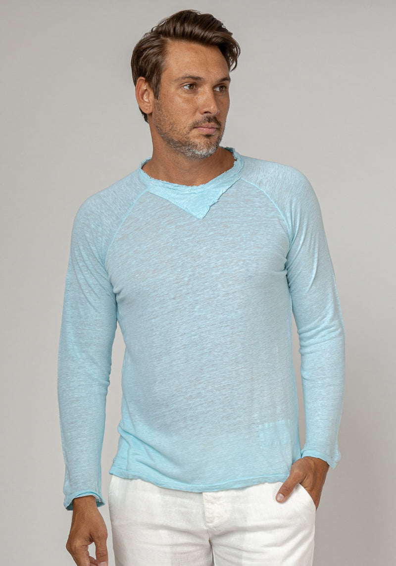 Jersey Linen Long Sleeve Niki Collar T-Shirt in aqua