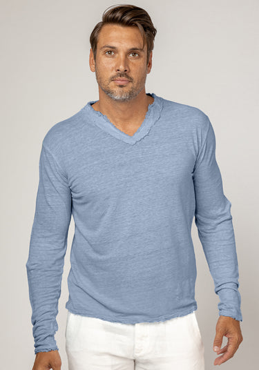 Jersey Linen Fitted Long Sleeve V-Neck T-Shirt in denim blue