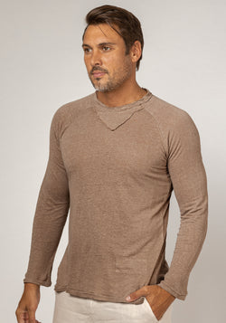 Jersey Linen Long Sleeve Niki Collar T-Shirt in khaki