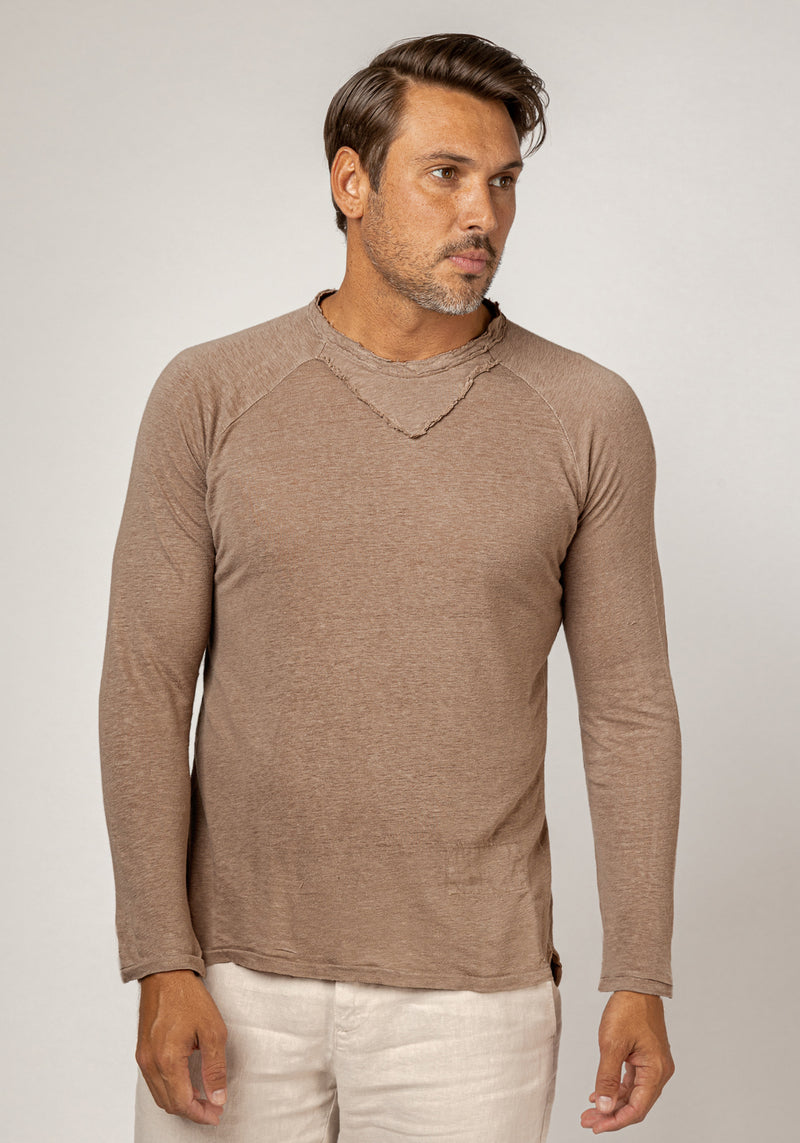 Jersey Linen Long Sleeve Niki Collar T-Shirt in khaki