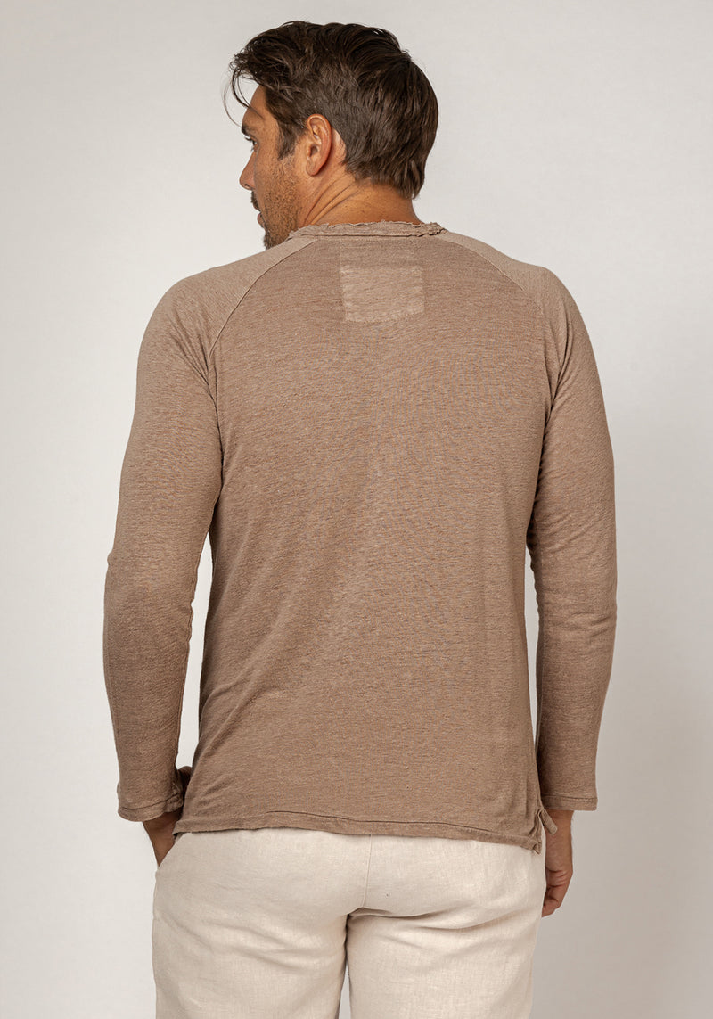 Jersey Linen Long Sleeve Niki Collar T-Shirt in khaki