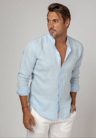 Long Sleeve Linen Mao Collar Shirt in Light Blue 1
