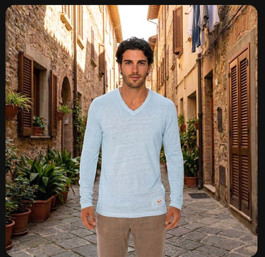Jersey Linen Fitted Long Sleeve V-Neck T-Shirt