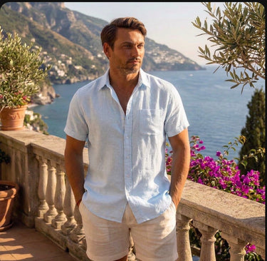 Short Sleeve Button-Down Linen Shirt With Pocket