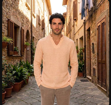 Jersey Linen Fitted Long Sleeve V-Neck T-Shirt