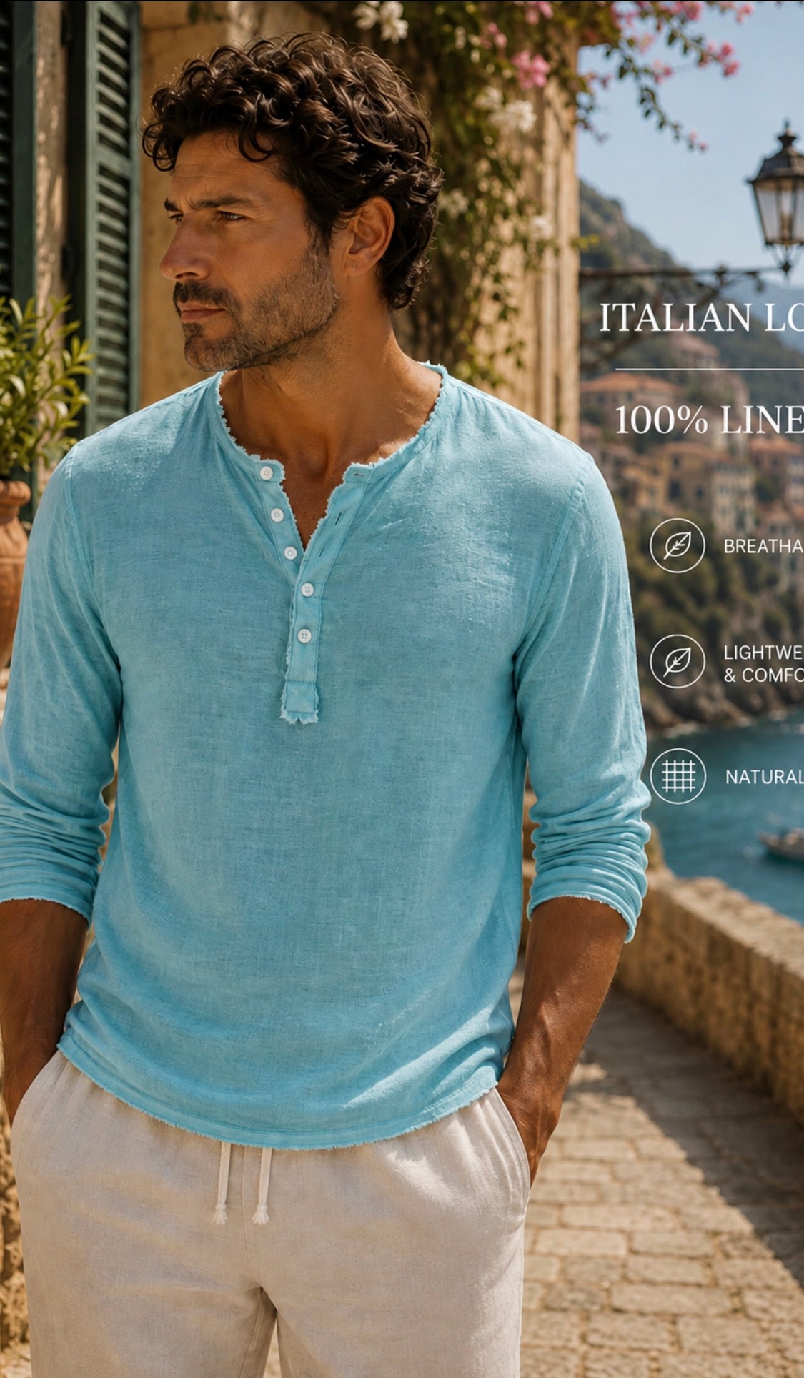 Jersey Linen Fitted Long Sleeve Henley T-Shirt