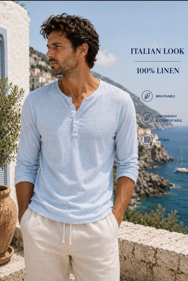 Jersey Linen Fitted Long Sleeve Henley T-Shirt