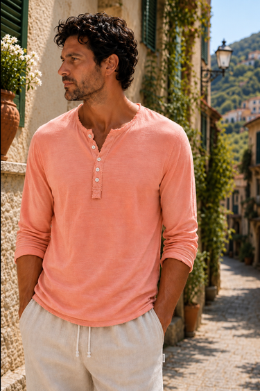 Jersey Linen Fitted Long Sleeve Henley T-Shirt