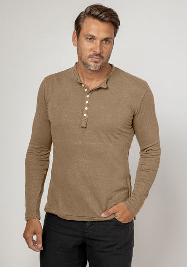 Jersey Linen Fitted Long Sleeve Henley T-Shirt in khaki