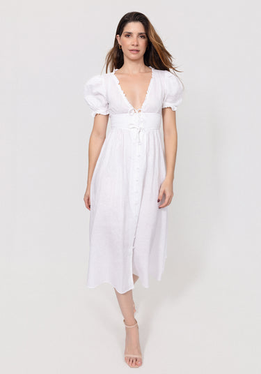 Woman wearing a white Linen Button-Front Midi Dress with Puff Sleeves & Tie Detail on a plain background