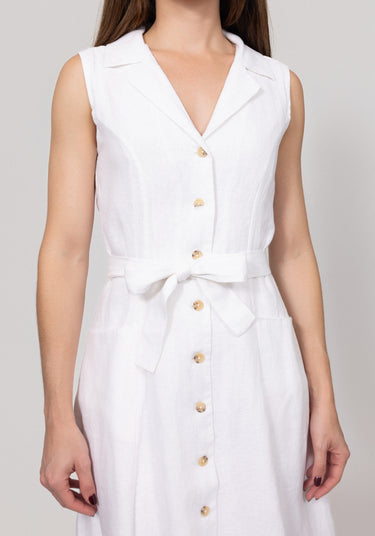 White sleeveless dress with buttons with waist tie on a plain background