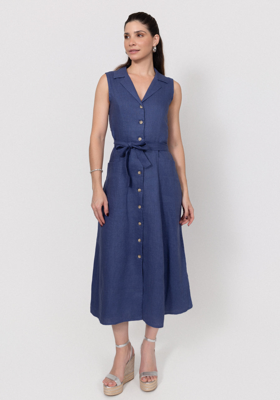 Linen Sleeveless Belted Midi Dress With Buttons Claudio Milano Linen Sleeveless Belted Midi Dress With Buttons Claudio Milano