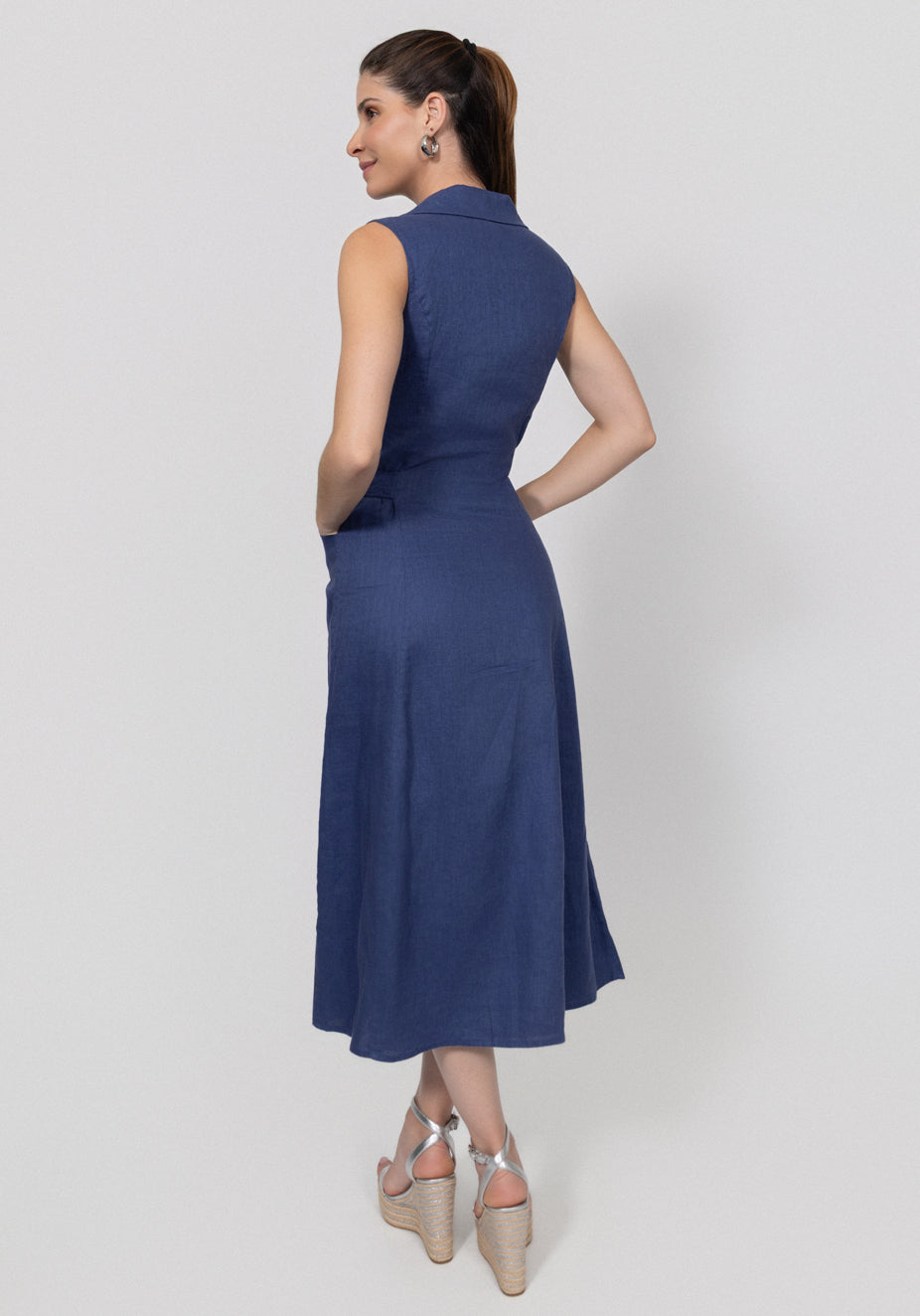 Linen Sleeveless Belted Midi Dress With Buttons White / S Linen Sleeveless Belted Midi Dress With Buttons White / S