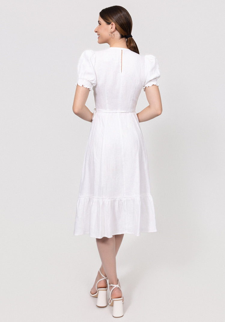 ruffle sleeve linen dress Lavender Cotton Linen Ruffle Midi Wrap Dress 60" / Regular (5'2"