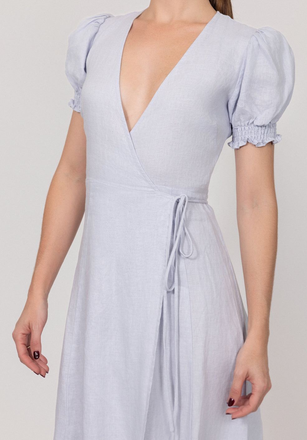 Linen Wrap Dress with Puff Sleeves and Ruffle Hem White / S Linen Wrap Dress with Puff Sleeves and Ruffle Hem White / S