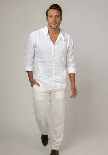 Long Sleeve V-Neck Linen Hoodie Shirt in white