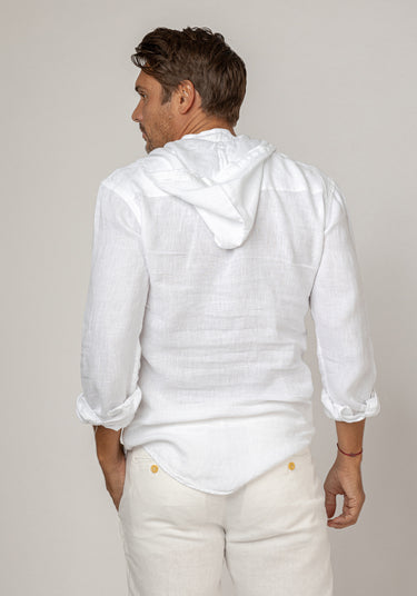 Long Sleeve V-Neck Linen Hoodie Shirt in white
