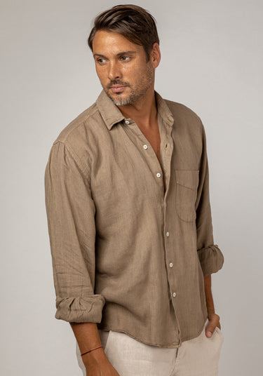 Button Down Linen Shirt With Pocket Loose Fit in khaki