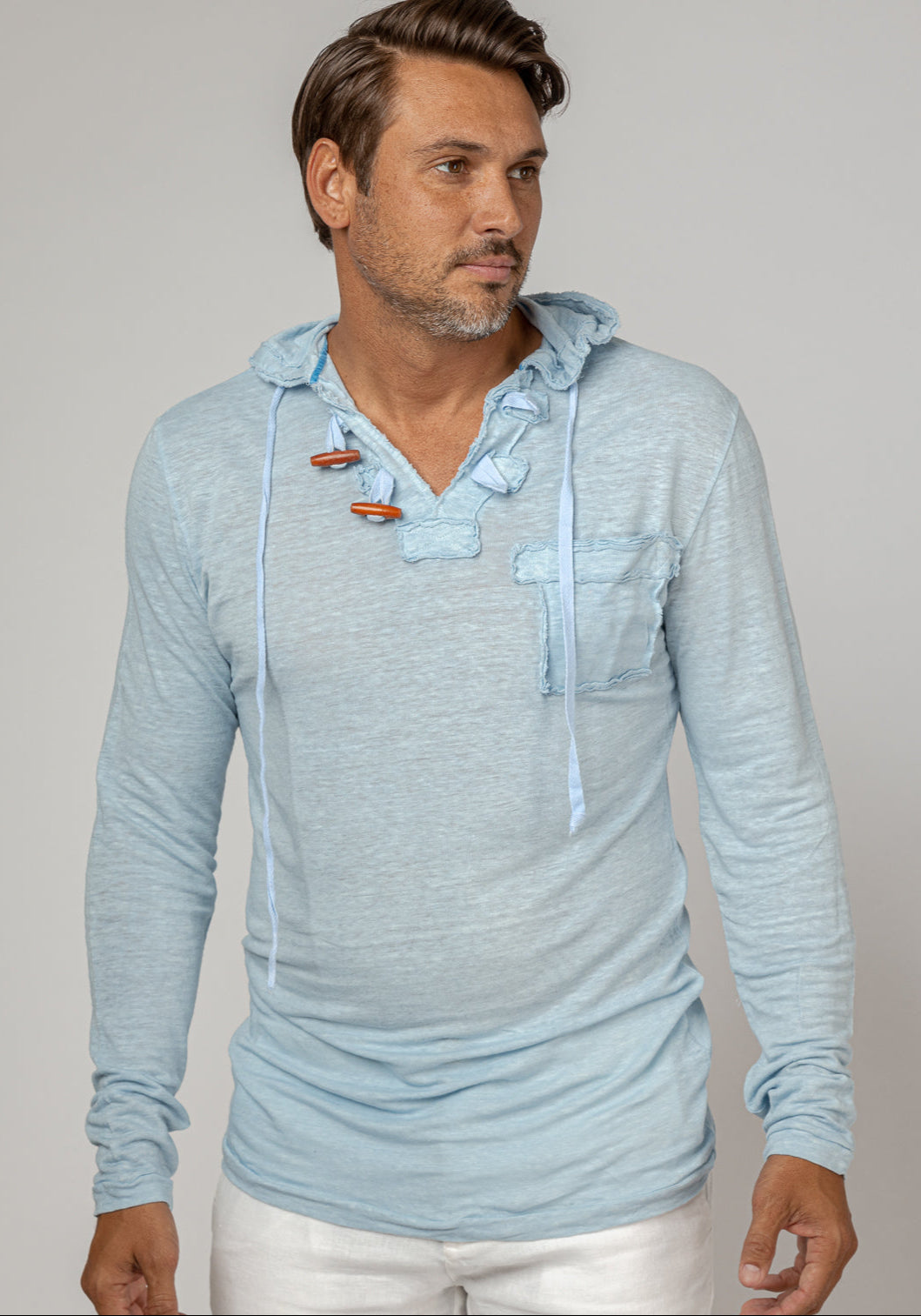 Jersey Linen Long Sleeve Hoodie With Pocket & Wooden Fasteners in light blue