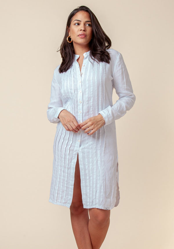 #8014 Linen Clothing 100% Natural Italian Style Pleated Button-Down Tunic