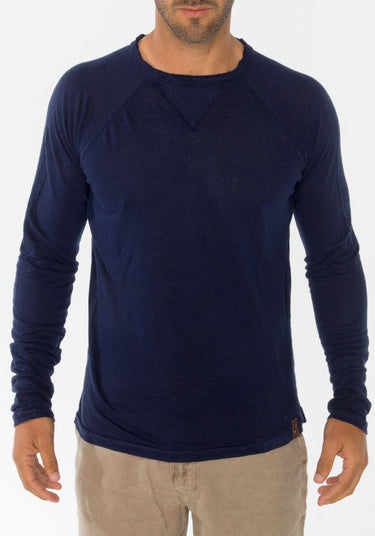 Jersey Linen Long Sleeve Niki Collar T-Shirt in navy