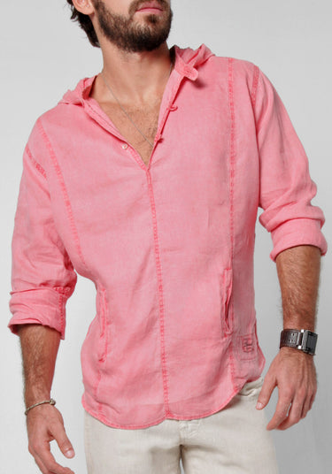 Long Sleeve V-Neck Linen Hoodie Shirt in peach
