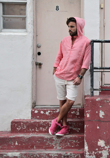 Long Sleeve V-Neck Linen Hoodie Shirt in peach