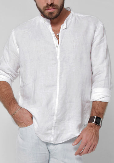 Long Sleeve Linen Shirt With Button Collar in white