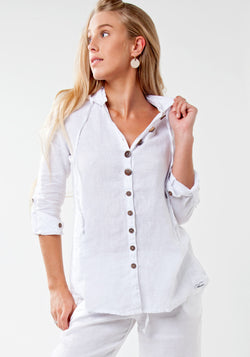 100% Linen Fitted Shirt with Coconut Buttons and Hood in White S to XXXL - Claudio Milano 
