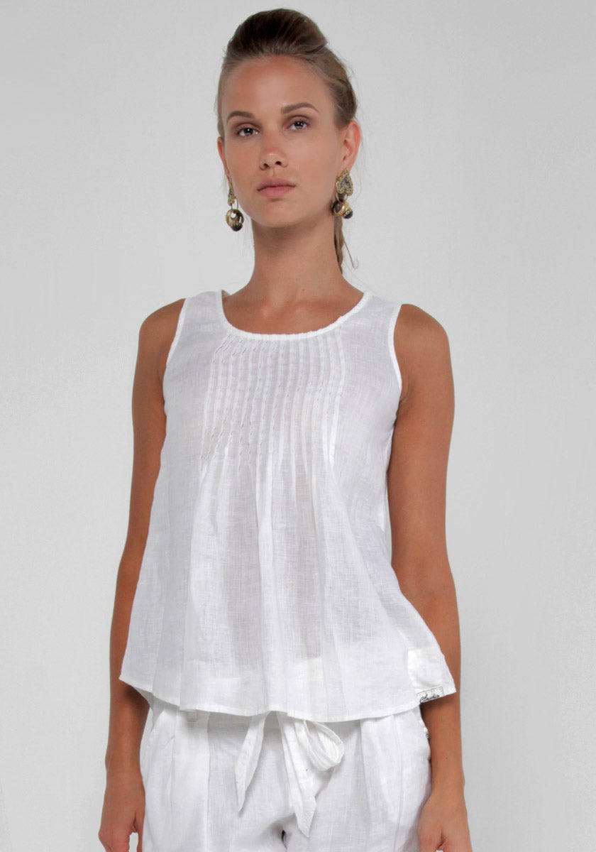 100% Linen Tank Top With Pleats in White S to XXXL - Claudio Milano 
