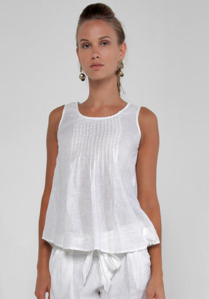 Women's Linen Tank Top with Pleats | 100% Natural Italian Style in Whi ...