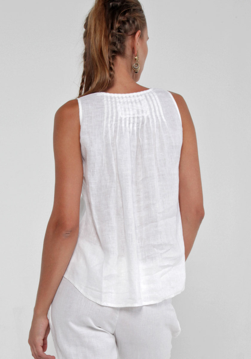 100% Linen Tank Top With Pleats in White S to XXXL - Claudio Milano 