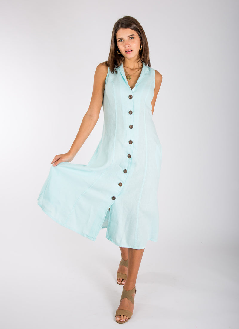 #8306 Linen Dress for Women - White, Black, Red, Aqua, Blue, Green All  100% Natural Italian Style Dress with Coconut Buttons and Moa Collar