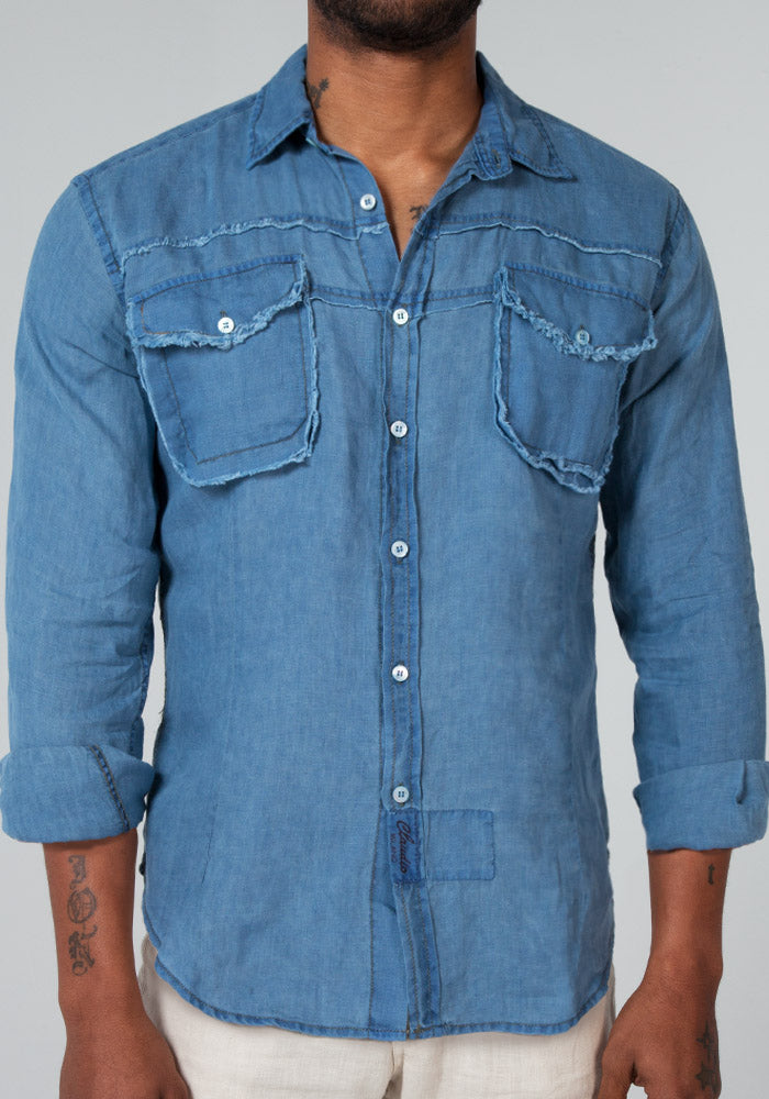 100% LINEN LONG SLEEVE 2 POCKET BUTTON DOWN SHIRT WITH UNFINISHED EDGES S to XXXL - Claudio Milano 