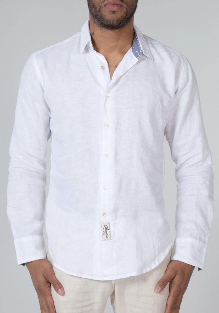100% LINEN REGULAR FIT LONG SLEEVE BUTTON DOWN SHIRT WITH CHAMBRAY DETAILS S to XXXL - Claudio Milano 