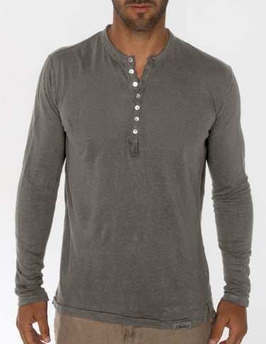 Jersey Linen Fitted Long Sleeve Henley T-Shirt in gray
