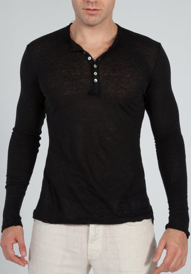 Jersey Linen Fitted Long Sleeve Henley T-Shirt in black