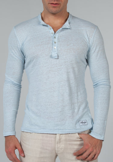 Jersey Linen Fitted Long Sleeve Henley T-Shirt in light blue