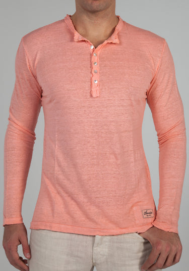 Jersey Linen Fitted Long Sleeve Henley T-Shirt in light coral