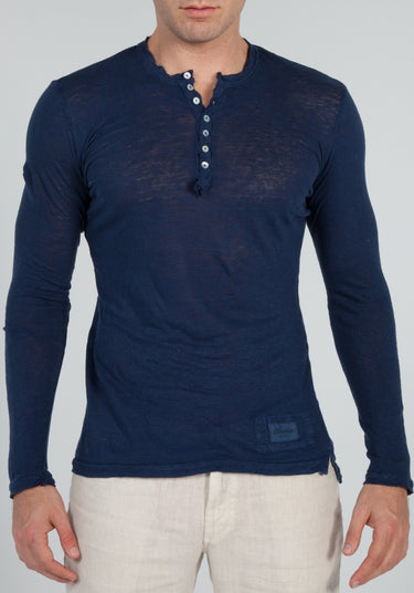 Jersey Linen Fitted Long Sleeve Henley T-Shirt in navy blue