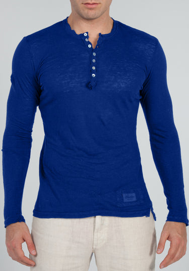 Jersey Linen Fitted Long Sleeve Henley T-Shirt in royal blue